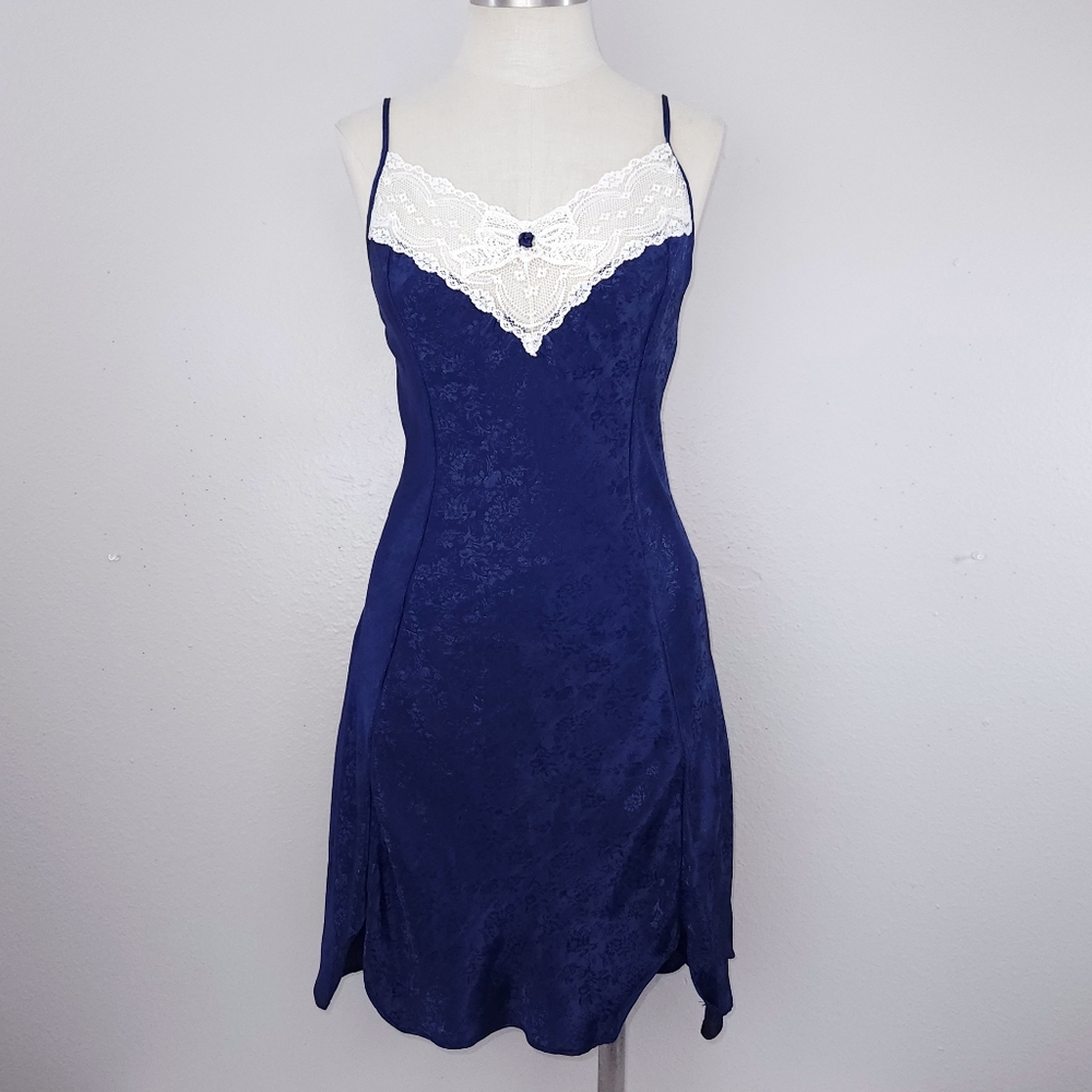 Vintage VAL MODE Satin Lace Slip Dress LARGE Blue Nightgown